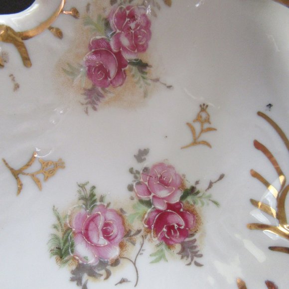 White porcelain gold trimmed 3 section candy or bon bon dish -lavender roses - Picture 5 of 10